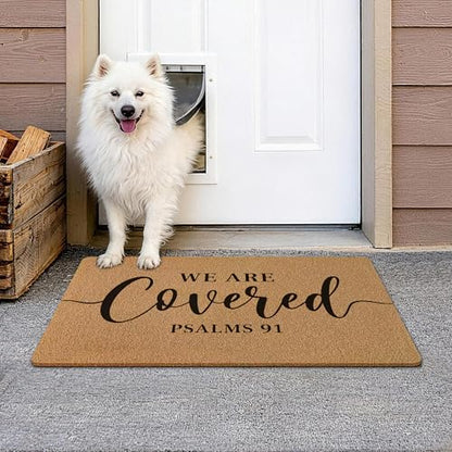 We are Covered Psalm 91 Door Mat, Christian Bible Verse Front Door Mat Rug Outdoor Indoor Entrance, Religious Scripture Artificial Coir Doormat for House Porch Patio Entry, 30x17 Inch