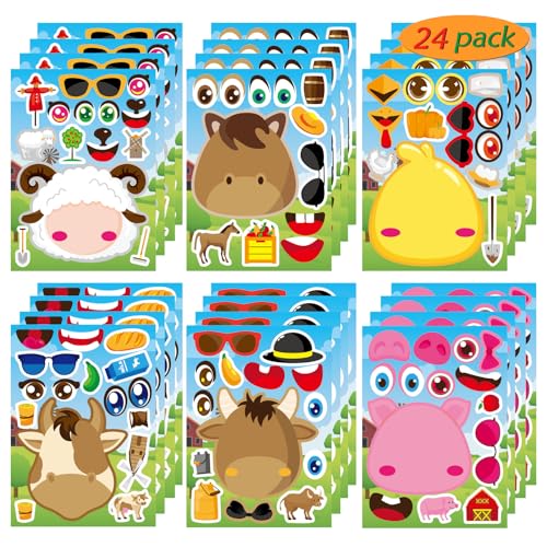Make Your Own Farm Animal Sticker, Fall Autumn Animal Sticker | 24 PCS Make-a-face Sticker Sheets Mix and Match with Sheep, Pigs, Cow and Chickens,Goodie Bags Stuffers, Party Favor Craft - style: Farm Animal