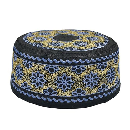 RUIXIA Men Boys Muslim Prayer Kufi Hat Skull Cap Embroidery Islam Kufi Headware takke Praying Beanie Hat Kofia Topi Hat - color: Blue/Gold/Black-adults