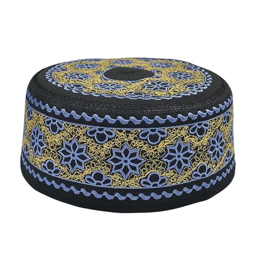 RUIXIA Men Boys Muslim Prayer Kufi Hat Skull Cap Embroidery Islam Kufi Headware takke Praying Beanie Hat Kofia Topi Hat - color: Blue/Gold/Black-adults