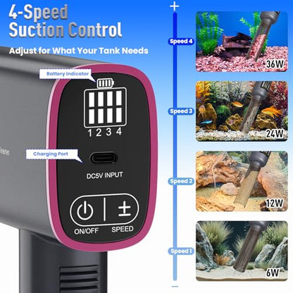 Cordless Aquarium Gravel Cleaner: 36W Electric Fish Tank Vacuum Cleaner | Rechargeable & 4 Adjustable Suction, Anti-Clog for Debris Clean & Sand Washing,Automatic Water Changer for 10-75 Gallon Tank