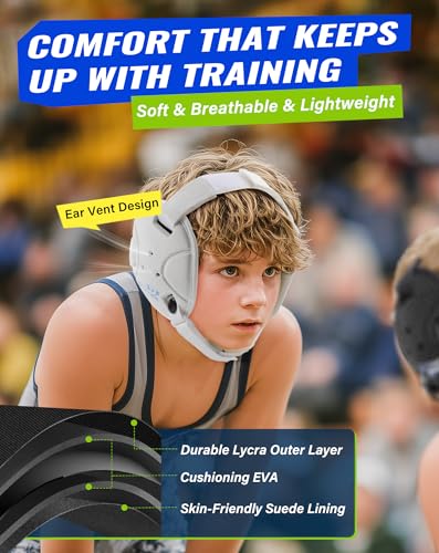 Trymaker Wrestling Headgear, Head Gear for Youth with Chin Cup & Pad | Head Under 21", Ages 4–9, Sorf Triple-Layer Ear Guard, 3-Point Adjustment System, MMA, Jiu-Jitsu, BJJ - color: White Headgear & White Strap