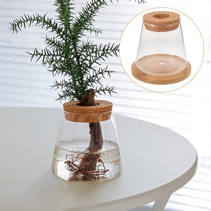 Small Glass Fish Bowl with Wooden Lid and Mat, Hydroponic Micro Landscape Planter Bottle for Desktop Betta Fish Tank and Plant Terrarium