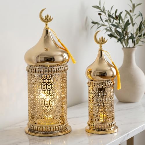 TRIROCKS Metal Ramadan Lanterns Set of 2 Gold Plated Candle Holders 14" &11.5" H Crescent Moon Intricate Etched Vintage Decor Table Lamps for Indoor/Outdoor Decor, Perfect EID Mubarak Gift - color: Gold