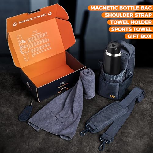 M2C® Premium Magnetic Gym Bag, Attaches to Gym Equipment, Holds 12 lbs | Magnetic Gym Pouch With Bottle, Phone & Key Storage, Detachable Strap, For Sports Or Travel. Including Towel & Towel Holder