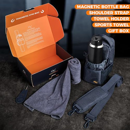 M2C® Premium Magnetic Gym Bag, Attaches to Gym Equipment, Holds 12 lbs | Magnetic Gym Pouch With Bottle, Phone & Key Storage, Detachable Strap, For Sports Or Travel. Including Towel & Towel Holder