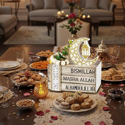 Ramadan Decorations for Home Eid Mubarak Decorations Wood Ramadan Table Sign Golden Moon Eid Tiered Tray Sign for Islamic Muslim Table Indoor Shelf Office Gifts - style: Ramadan