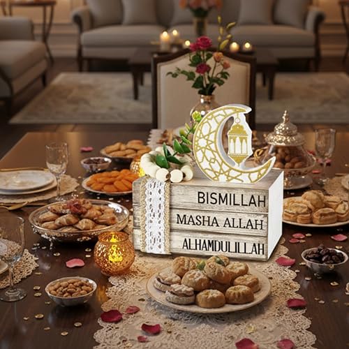 Ramadan Decorations for Home Eid Mubarak Decorations Wood Ramadan Table Sign Golden Moon Eid Tiered Tray Sign for Islamic Muslim Table Indoor Shelf Office Gifts - style: Ramadan