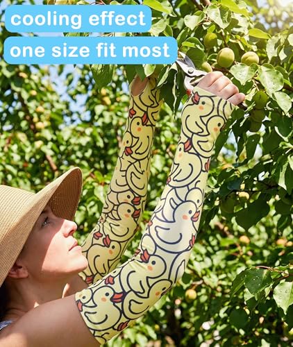Aueyan Arm Sleeves for Men Women,Cooling Sleeves with Thumb Holes,Funny Sun Protection Arms Cover with Print Pattern - color: Ducks Yellow