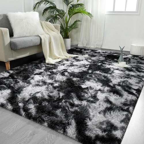 FlyDOIT Large Area Rugs for Living Room, 4x6 Feet Tie-Dyed Black and White Shaggy Rug Fluffy Throw Carpets, Ultra Soft Plush Modern Indoor Fuzzy Rug for Bedroom Girls Kids Nursery Room Dorm Home Decor - color: Tie-dyed Black White, size: 4' x 6' (Rectangu