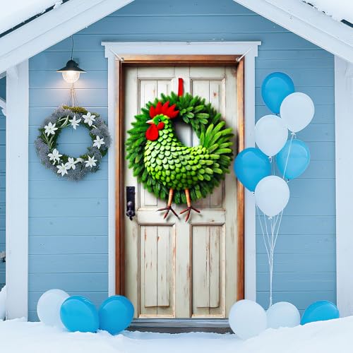 IVN Festive Rooster Door Cover 35x71 Inch Double Sided Unique Door Decoration with Green Pine, Rooster Shape & Red Accents for Indoor Outdoor Porch Holiday Home Decor - color: Green Leaf
