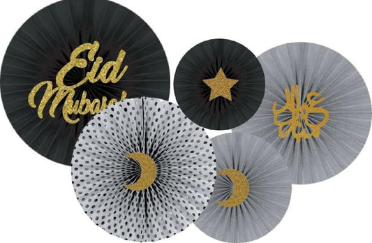 5X Eid Party Fans with Metallic - Ramadan Mubarak New Year Muslim Hajj Allah Celebration Party Festive Home Decoratives Letters English, Arabic Indoor Outdoor (Gold & Silver) - color: Gold and Silver