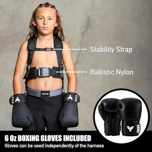 Elite Sports Kids Boxing Harness with 6oz Gloves – Adjustable Resistance Bands (3 Levels), Stability Strap, Padded Shoulder & Back, Ballistic Nylon, Quick-Release Buckle – Youth Training Gear