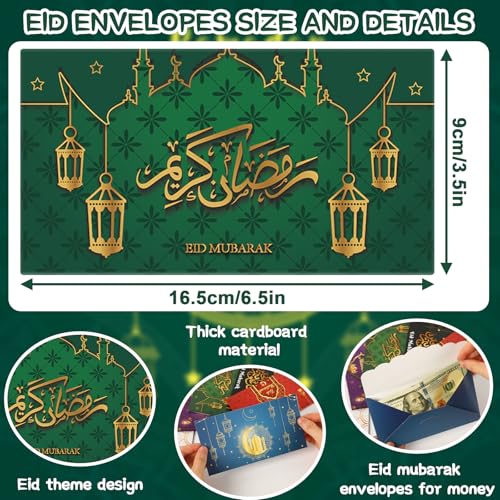 JULMELON 24 Pcs Eid Mubarak Envelopes Eid Gifts Cards Holders 6 Styles Ramadan Pocket Envelope for Money Islamic Muslim Ramadan Mubarak Cards for Kids Gifts(6.5 x 3.5 in)