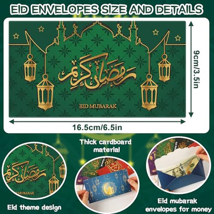JULMELON 24 Pcs Eid Mubarak Envelopes Eid Gifts Cards Holders 6 Styles Ramadan Pocket Envelope for Money Islamic Muslim Ramadan Mubarak Cards for Kids Gifts(6.5 x 3.5 in)