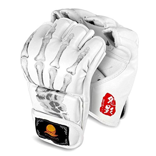 ZooBoo MMA Gloves, Half-Finger Boxing Fight Gloves MMA Mitts with Adjustable Wrist Band UFC Gloves for Sanda Sparring Punching Bag Training (One Size Fits Most) - color: G-White