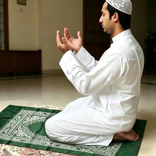 Portable Polyester Prayer Mat for Muslims Square Unnapped Woven Fabric Compass Machine Washable Green