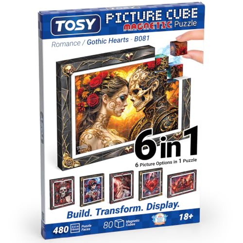 TOSY Picture Cube Halloween Gothic Hearts: 6-in-1 Magnetic Picture Puzzle, 80 Blocks, 480 Puzzle Faces, 0.63 in, B081, Seamless UV Art, Display-Ready Frame, Collectible, Valentine Gift for Adults - color: Gothic Hearts