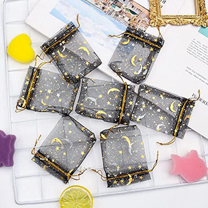 SUMAJU 100 Pieces Moon Star Organza Jewelry Candy Bags 2.7x3.5 Inch - color: Black 2.7x3.5 Inch