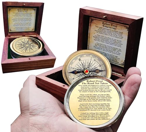 Antiqued Brass Robert Frost Poem Compass with Wooden Box, Inspirational Gifts for Woman, Aniversity Gifts for Men,Engraved,Wedding for Boys, Pocket Compass for Hiking Survival