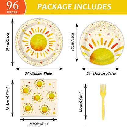 96 Pieces First Trip Around The Sun Decorations Sunshine Birthday Party Plates Boho Sun Disposable Plates Napkins Folks Paper Tableware Set for 1st Trip Around The Sun Birthday Girls Boys Supplies - style: Boho Sun