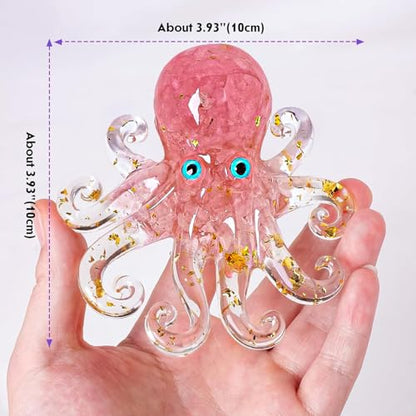 Octopus Decor Aquarium RoseQuartze Gravel Decorative Resin Glass with Natural Crystal Stone Marine Animals Fish Tank Ornaments Statue Healing Home Decor Ladies Gift 3.93"