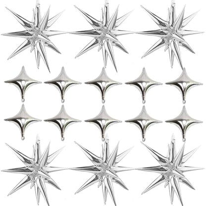 Silver Star Foil Balloons Kit with 6 Pack 12 Point Star Balloons Starburst Cone Balloons Spike Balloons and 10Pcs Four Pointed Star Balloos for Wedding Baby Shower Photo Booth Birthday Party Supplies - style: Silver Star Explosion Balloons