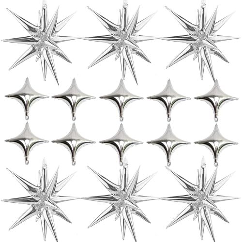 Silver Star Foil Balloons Kit with 6 Pack 12 Point Star Balloons Starburst Cone Balloons Spike Balloons and 10Pcs Four Pointed Star Balloos for Wedding Baby Shower Photo Booth Birthday Party Supplies - style: Silver Star Explosion Balloons