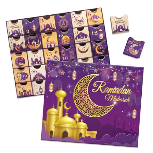 Ramadan Advent Calendar with Drawers, 30 Empty Boxes for 30 days, Eid Mubarak Coutdown Calendar Fillable Ramadan Gift, Islamic Art, Cardboard Number Storage Box, Ramazan Party Supplies - Purple