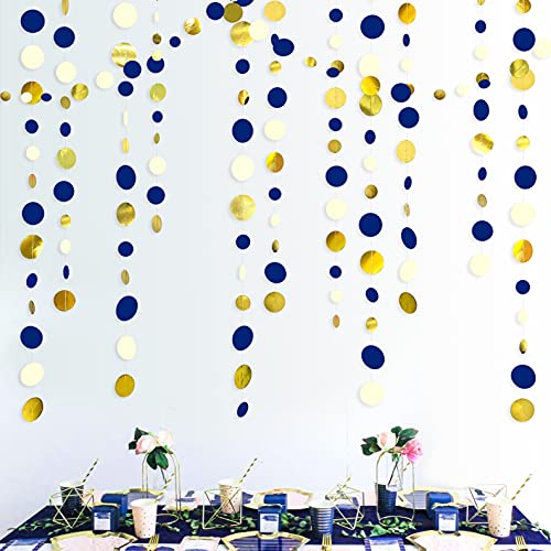 Navy Blue and Gold Circle Dots Garland Royal Blue Hanging Paper Polka Dot Streamer for Birthday Wedding Bridal Shower Graduations Nautical Ahoy Achor Pirate Themed Party Decorations Supplies - color: Blue Gold
