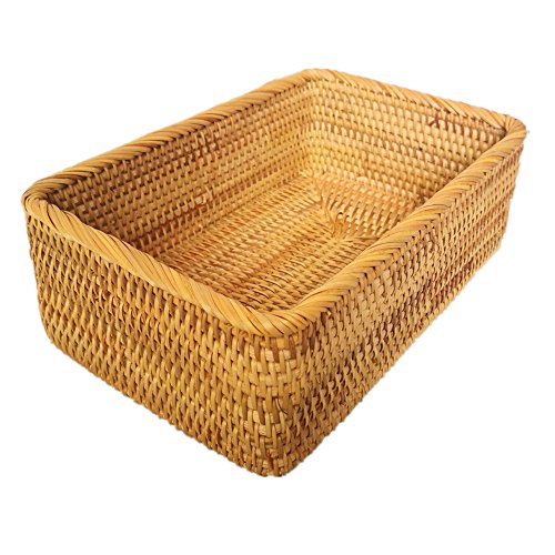 Handmade Rectangle Wicker Fruit Box Rattan Tray Magazine Organizer and Small Objects Container Serving Basket (Large) - size: Large