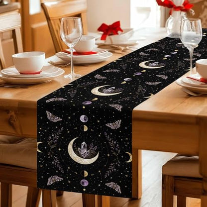 Whimsical Moon Table Runner Mysterious Dark Cosmic Crystal Purple Moths Flower 13x72 Inches Long Cotton Linen Table Runner Burlap Style for Dinner Table Party Decor Tabletop Decorations - size: 13" x 72"