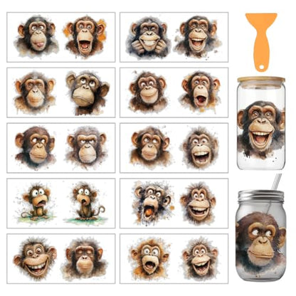 arricraft 10 Sheets Animal Theme UV DTF Cup Wrap for 16OZ Glass, Funny Monkeys Rub on Decals PVC Transfer Stickers for DIY Cups Window Home Printing Decoration 24x11cm/9.4x4.3inch - style: Funny Monkeys Theme