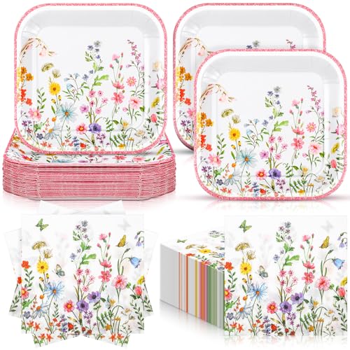 Zhehao 72 Pcs Wildflower Floral Plates and Napkins Set Serve 36, 7" Square Paper Dessert Plates Party Supplies Disposable Dinnerware Decoration for Wedding Birthday Baby Shower Tea Party Supplies - style: Flower