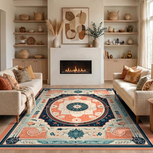 2'x3' Coral Teal Chakra Mandala Prayer Design Washable Accent Rug - color: Orange/Pattern 25, size: 2' x 3' (Rectangular)