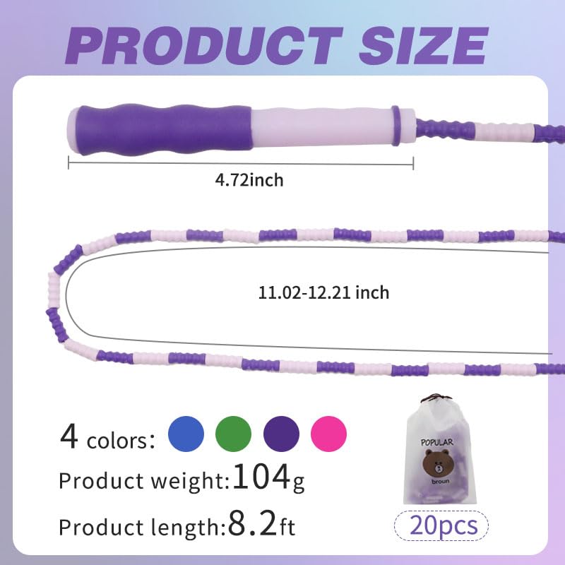 20 Pcs Soft Beaded Jump Ropes, Adjustable Length Skipping Rope, 8.2 Ft Tangle Free Segmented Jumping Rope with Storage Bag for Kids and Adults Exercise, Fitness