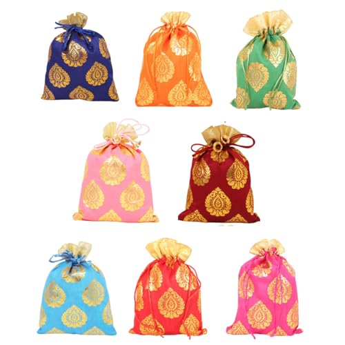 Touchstone Drawstring Bags Indian Handcrafted Pouches Potli for Gifts - color: Ficus Leaf (8 Pcs) Without Bells, size: 7x5 inches