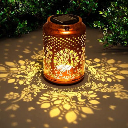 YISITEONE Peacock Outdoor Solar Lanterns, Garden Waterproof Metal Hanging Decor Lights for Patio Yard Pathway Lawn Front Porch, Birthday Gardening Gifts for Women Mom Grandma - style: Peacock