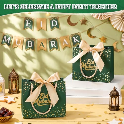 Glenmal 60 Pcs 5.51x2.36x4.72'' Ramadan Gift Bags Ramadan Mubarak Green Paper Party Bags Eid Mubarak Treat Goodie Bag with Handle and Ribbon for Ramadans Kareem Eid Mubarak's Party Supplies - color: Green, size: 1 count (Pack of 60)