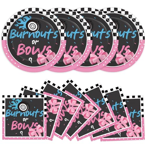 24 Guests Burnouts or Bows Gender Reveal Paper Plates Napkins Gender Reveal Party Decorations Baby Shower Party Supplies Disposable Dinner Tableware Set for Birthday Boys or Girls Serve 24 - style: Gender Reveal