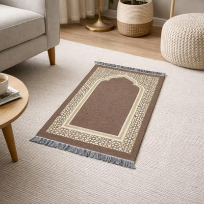 Modefa Turkish Islamic Prayer Mat - Thin Woven Chenille Sajjadah - Intricate Praying Rug Ramadan Eid Gift - Traditional Muslim Janamaz Sajada for Men Women - Geometric Selcuk Star (Beige) - color: Beige