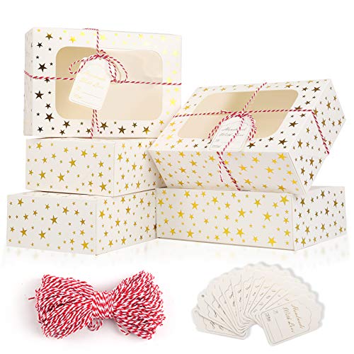 24 PCS Christmas Cookie Boxes for Gift Giving, 9x6x3 Golden Star Christmas Treat Boxes with Window, Auto-Up Holiday Cookie Boxes,Baking Goods Packaging Box for Desserts, Mini Cake, Donuts - color: Gold Star