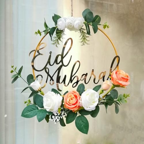 Eid Mubarak Wreaths for Front Door, Artificial Flowers Islam Hanging Spring Wreath, Eid Decorations for Home Indoor and Outdoor Wall Window Party Crafts Decor