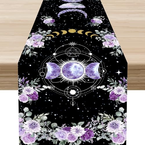Mystical Floral Moon Table Runner, Vintage Purple Spring Flower Moon Phase Mystical Gothic Black Decor for Family Kitchen Farmhouse Holiday Party Table Decorations Indoor Outdoor 13x36 inch - color: Fmoon-9, size: 13x36" Table Runner