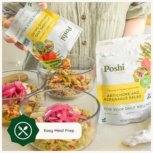 POSHI Artichoke & Asparagus Salad Natural, Keto, Vegan, Non GMO, Low Carb + Calorie, Gluten Free, Ready to Eat, Fully Cooked Vegetables, Pentry Food, Gourmet, Healthy, Travel Food, 6 Pack, 4.4 oz - size: 4.4 Ounce (Pack of 6)