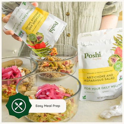 POSHI Artichoke & Asparagus Salad Natural, Keto, Vegan, Non GMO, Low Carb + Calorie, Gluten Free, Ready to Eat, Fully Cooked Vegetables, Pentry Food, Gourmet, Healthy, Travel Food, 6 Pack, 4.4 oz - size: 4.4 Ounce (Pack of 6)