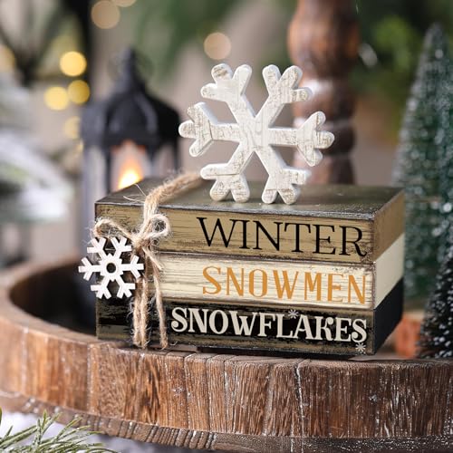 4 Pcs Winter Table Decorations Snowmmen Tiered Tray Decorations Christmas Mini Snowflake Wooden Books Signs for Office Shelf Classroom Tabletop Bookshelf - style: Winter