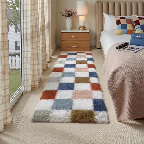 PureCozy Checkered Runner Rug 2x6 for Bedroom Soft Fluffy Shag Carpet - color: Rainbow, size: 2' x 6' (Runner)