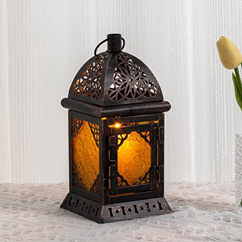 Candle Lanterns Decorative Indoor & Outdoor, 12'' Vintage Moroccan Hanging&Tabletop Lantern, Christmas Halloween Metal Candle Holder for Home Front Porch Patio Decor (Amber) - color: Amber-square - 12''h, size: Large