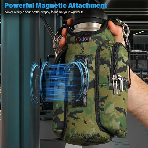 icolor Magnetic Gym Bag Water Bottle Carrier Holder with Phone Pockets & Shoulder Strap,Gym Magnetic Bag 5 Built-in Magnets Gym Accessories Organizer Sling Bottle Bag Pouch Sleeve - color: Camo